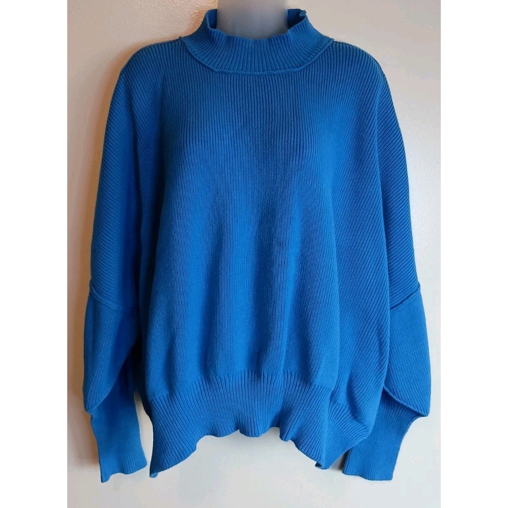 Zenana Womens L XL Cobalt Blue Oversized Mock Neck Slouchy Sweater Cozy
